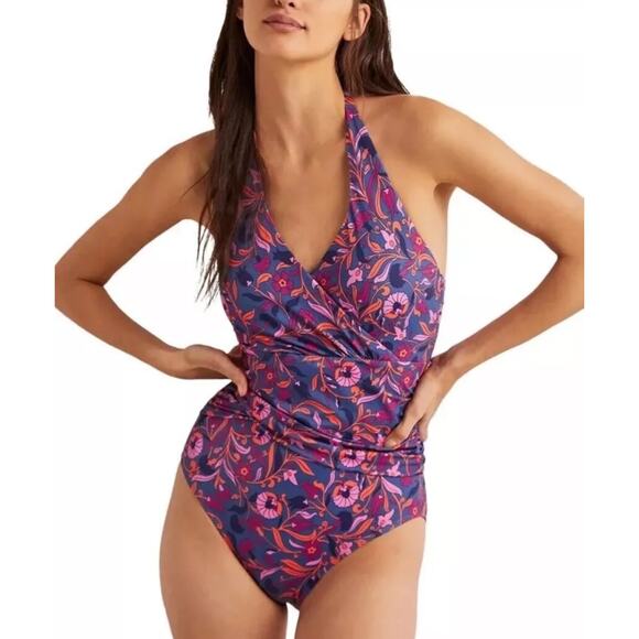 Boden | Swim NWT Levanoz Ruched One Piece Halter Purple and Pink Floral Size 6 - Picture 1 of 7